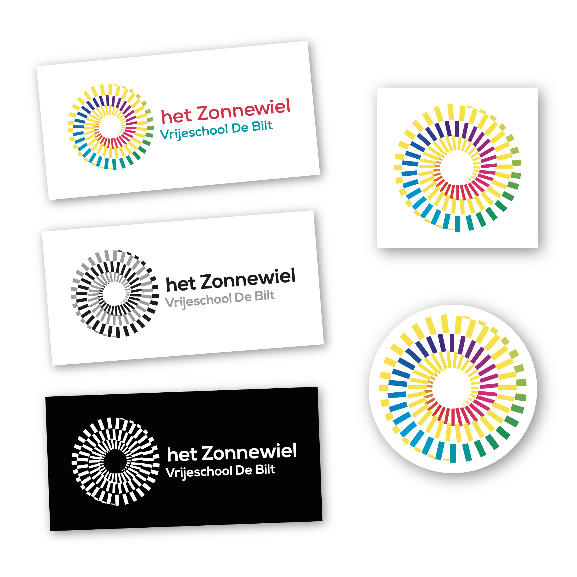 Voorbeelden logo versies van het Zonnewiel logo Voorbeelden van het Zonnewiel logo in verschillende vormen. Allemaal onderdeel van het pakket 'alleen logo ontwerpen'